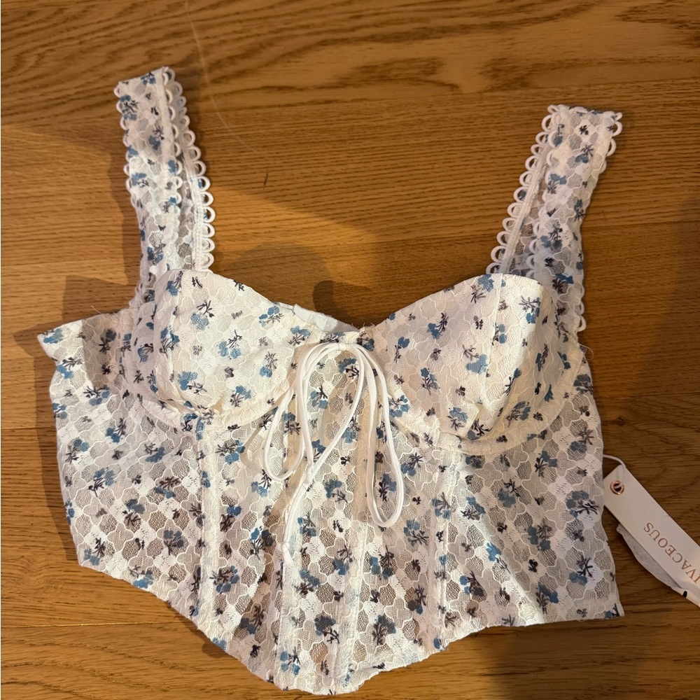 Olivaceous White and Blue Floral Lace Crop Top